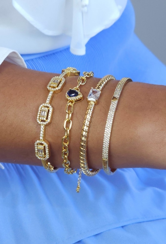 Mix Pulseira Gota Safira e Braceletes Cravejados | Revenda Oh My Gold