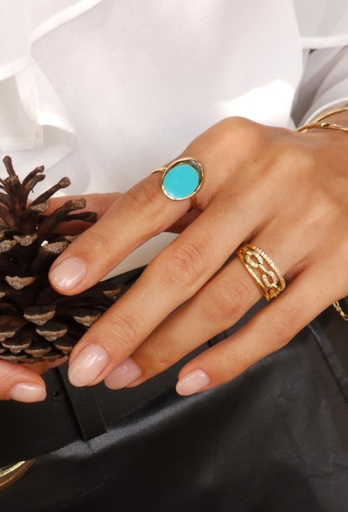 ANEL AJUSTÁVEL OVAL ESMALTADO TURQUESA NO OURO AN502-O ANEL AJUSTÁVEL OVAL ESMALTADO TURQUESA NO OURO AN502-O