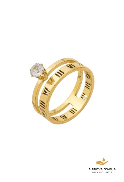 ANEL DUPLO SOLITÁRIO 4MM + ALIANÇA ROMANA AÇO INOX DOURADO AN586-AD