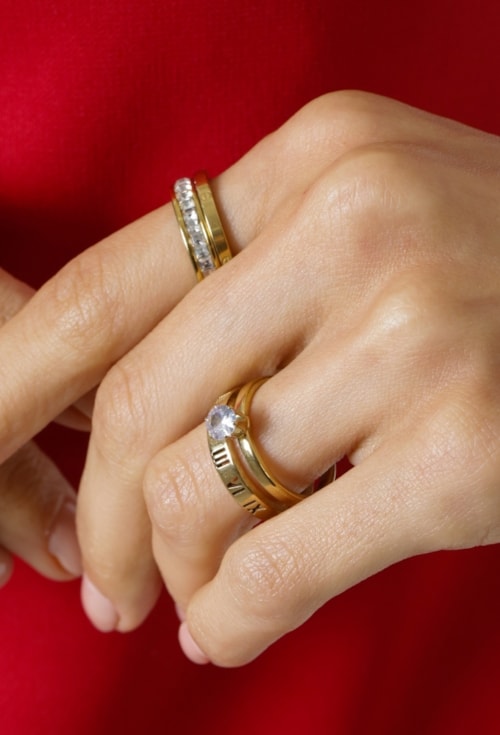 ANEL DUPLO SOLITÁRIO 4MM + ALIANÇA ROMANA AÇO INOX DOURADO AN586-AD