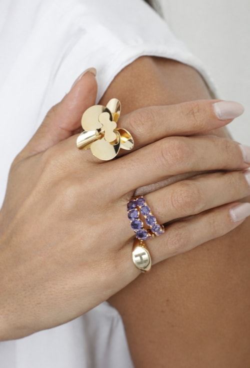 ANEL MEIA ALIANÇA REDONDA CRISTAL AMETISTA OURO AN612-O