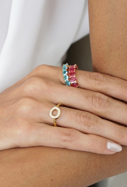 ANEL MEIA ALIANÇA REDONDA CRISTAL AZUL PARAÍBA OURO AN612-O