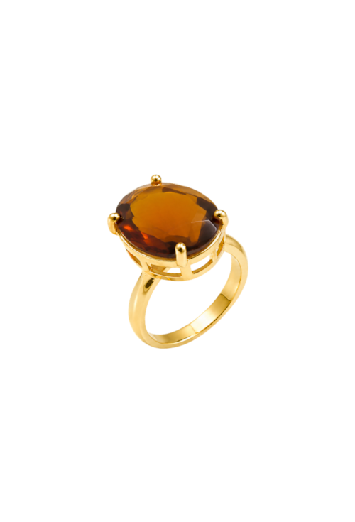 ANEL OVAL COM PEDRA MARROM BANHADO A OURO AN667-O