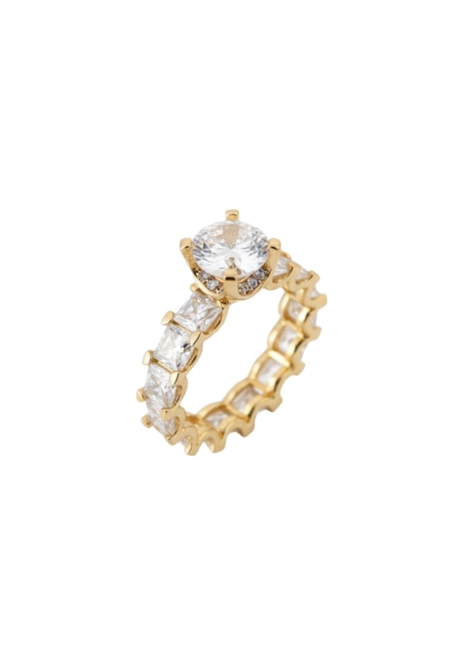 ANEL SOLITÁRIO COM ZIRCÔNIA REDONDA E LATERAIS RETANGULARES AN570-O