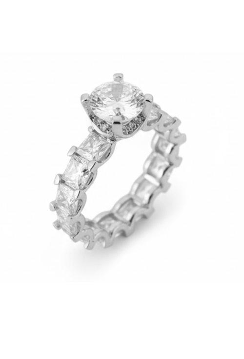 ANEL SOLITÁRIO COM ZIRCÔNIA REDONDA E LATERAIS RETANGULARES AN570-R