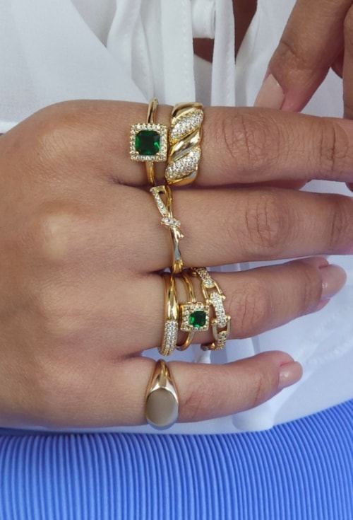 ANEL SOLITÁRIO QUADRADO REGULÁVEL  PEDRA ESMERALDA E ZIRCÔNIAS AN541-O ANEL SOLITÁRIO QUADRADO REGULÁVEL  PEDRA ESMERALDA E ZIRCÔNIAS AN541-O