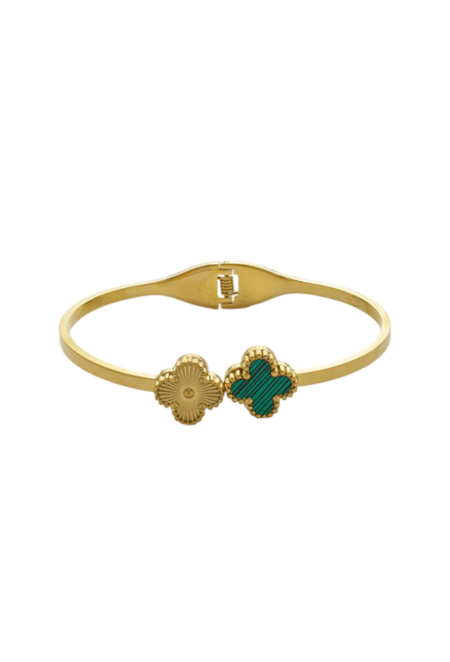 BRACELETE AJUSTÁVEL TREVO MALAQUITA INOX DOURADO PM459-O BRACELETE AJUSTÁVEL TREVO MALAQUITA INOX DOURADO PM459-O