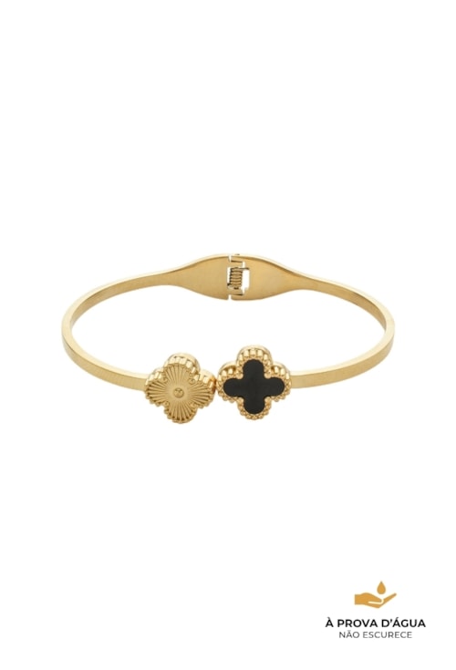 BRACELETE AJUSTÁVEL TREVO ÔNIX INOX DOURADO PM459-AD