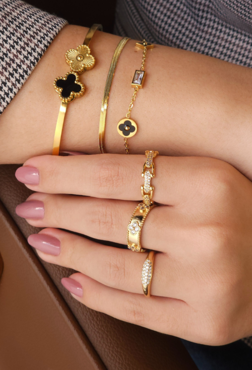 BRACELETE AJUSTÁVEL TREVO ÔNIX INOX DOURADO PM459-O