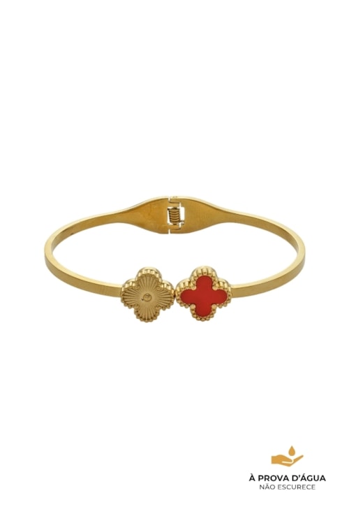 BRACELETE AJUSTÁVEL TREVO VERMELHO INOX DOURADO PM459-AD