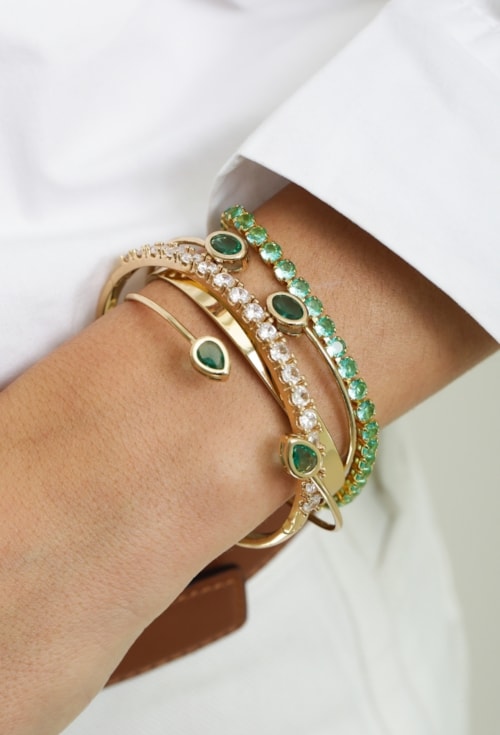 BRACELETE ARO REDONDO COM PEDRA TURMALINA BANHADO A OURO PM619-O