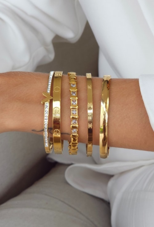 BRACELETE CRAVEJADO CARRÉ AÇO INOX DOURADO PM574-AD BRACELETE CRAVEJADO CARRÉ AÇO INOX DOURADO PM574-AD