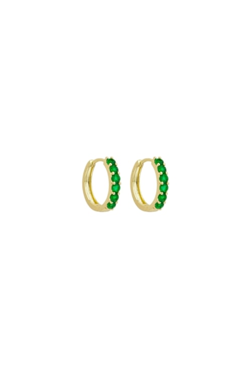 BRINCO ARGOLA CRAVEJADA COM PEDRAS ESMERALDA BANHADO A OURO BM2234-O