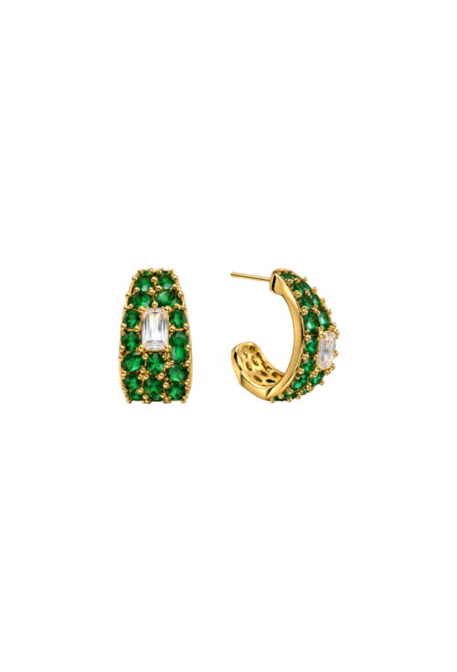 BRINCO ARGOLA OVAL CRAVEJADA CRISTAL E ESMERALDA BANHADO A OURO 18K BM2367-O