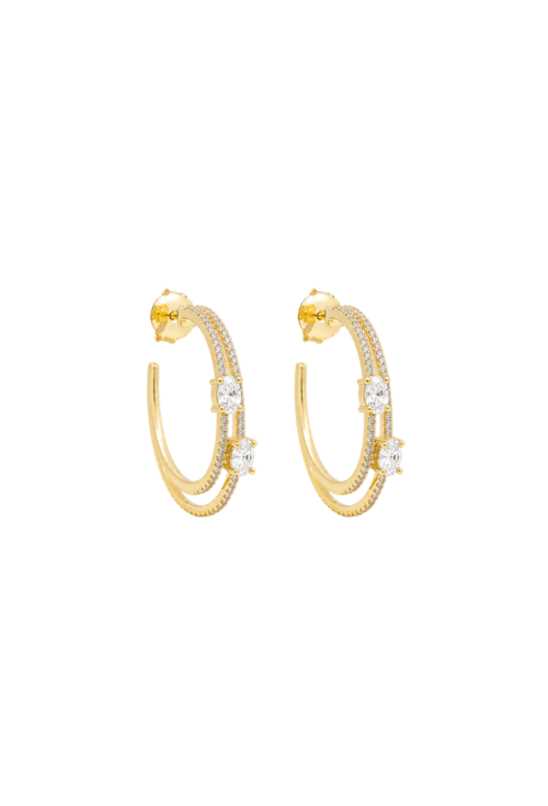 BRINCO ARGOLA OVAL DUPLA CRAVEJADA COM PEDRAS OVAIS BANHADO A OURO 18K BM2286-O