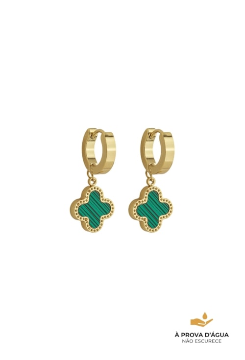BRINCO ARGOLINHA TREVO MALAQUITA INOX DOURADO BM2010-AD
