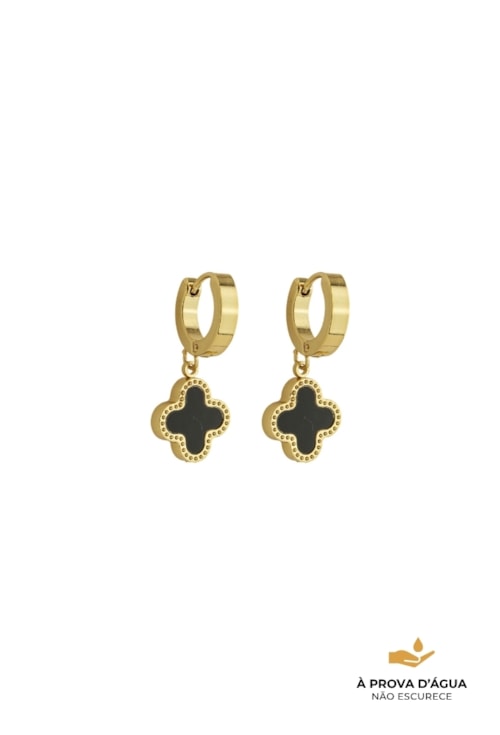 BRINCO ARGOLINHA TREVO ÔNIX INOX DOURADO BM2010-AD