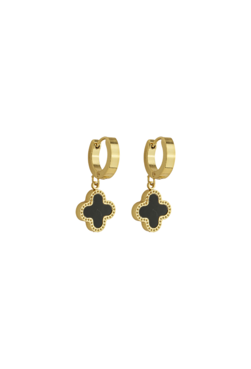 BRINCO ARGOLINHA TREVO ÔNIX INOX DOURADO BM2010-O