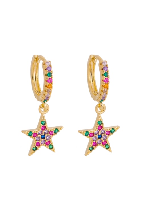 BRINCO DE ARGOLINHA DE ESTRELA CRAVEJADA COLORS NO OURO BM811-O BRINCO DE ARGOLINHA DE ESTRELA CRAVEJADA COLORS NO OURO BM811-O
