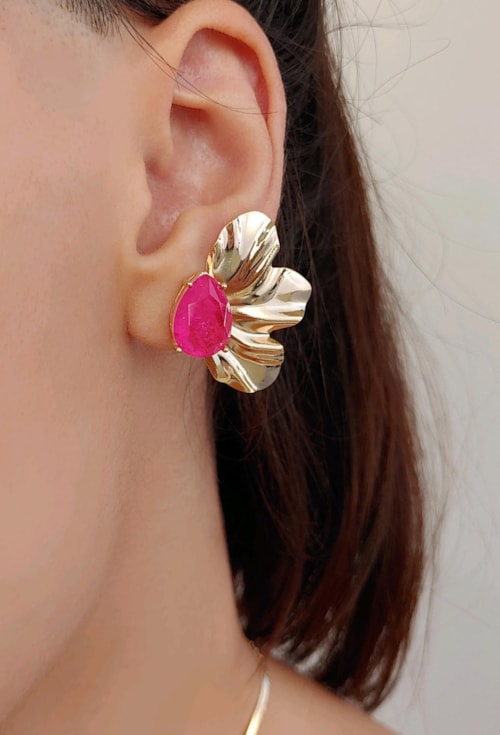 BRINCO DE FLOR COM GOTA PINK FUSION BM1494-O BRINCO DE FLOR COM GOTA PINK FUSION BM1494-O