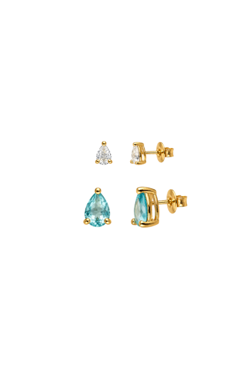 BRINCO DUPLO GOTAS COM PEDRAS AZUL PARAÍBA E CRISTAL BANHADO A OURO BM2339-O