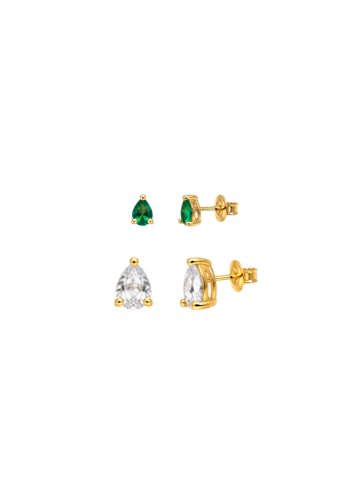 BRINCO DUPLO GOTAS COM PEDRAS ESMERALDA E CRISTAL BANHADO A OURO BM2339-O
