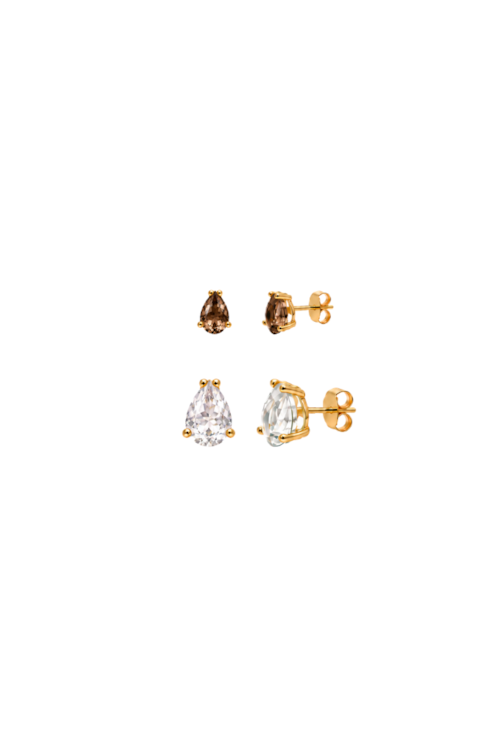 BRINCO DUPLO GOTAS COM PEDRAS MARROM E CRISTAL BANHADO A OURO BM2341-O