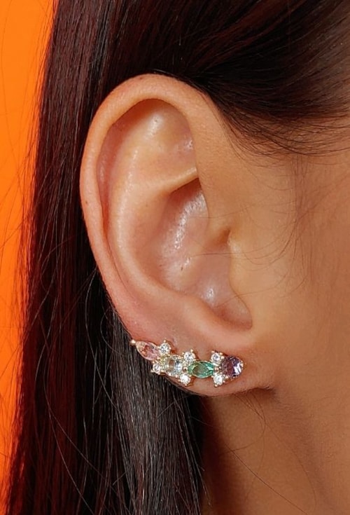 BRINCO EAR CUFF COM CRISTAIS COLORIDOS E AMETISTA BM1267-O
