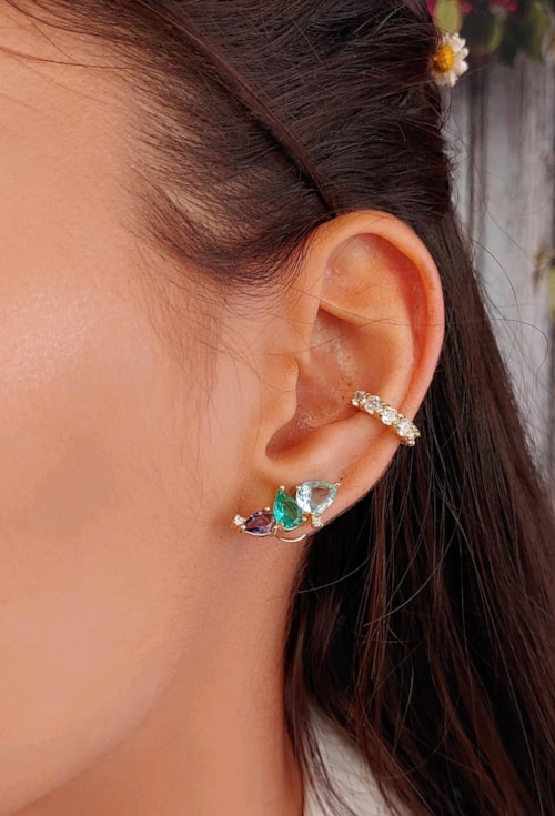 BRINCO EAR CUFF COM PEDRAS GOTA COLORIDAS BM1237-O