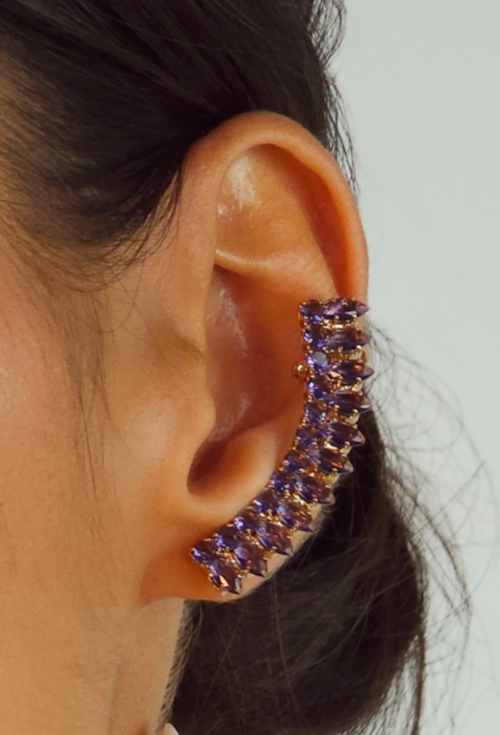 BRINCO EAR CUFF CURVO CRAVEJADO AMETISTA BANHADO A OURO 18K BM2365-O
