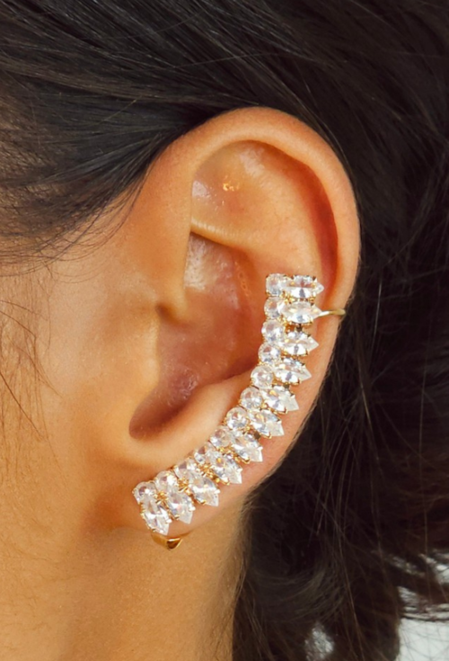BRINCO EAR CUFF CURVO CRAVEJADO CRISTAL BANHADO A OURO 18K BM2365-O