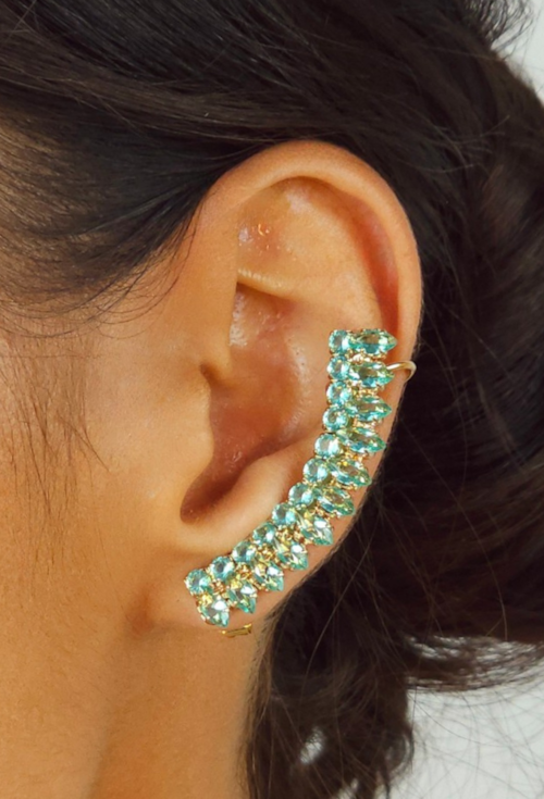 BRINCO EAR CUFF CURVO CRAVEJADO TURMALINA BANHADO A OURO 18K BM2365-O