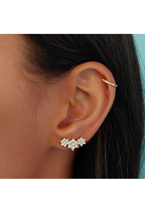 BRINCO EAR CUFF DE FLOR COM ZIRCONIAS NO OURO BM665-O