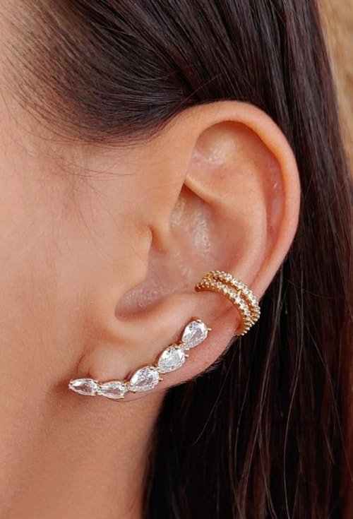 BRINCO EAR CUFF DE GOTAS CRISTAL NO OURO BM1259-O