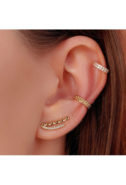 BRINCO EAR CUFF DE GOTAS E ZIRCÔNIA NO OURO BM510-O