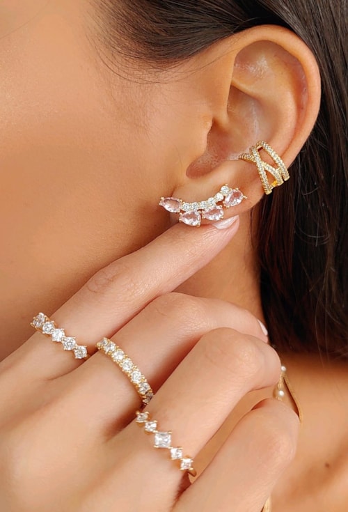 BRINCO EAR CUFF DE PEDRA KUNZITA E ZIRCÔNIAS CRISTAIS BM1188-O