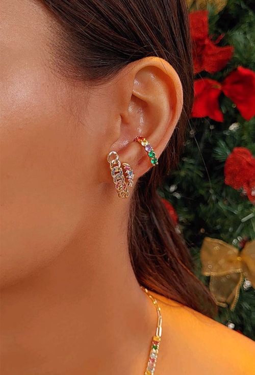 BRINCO EAR CUFF SLIM COM BAGUETES COLORIDAS BM1315-O