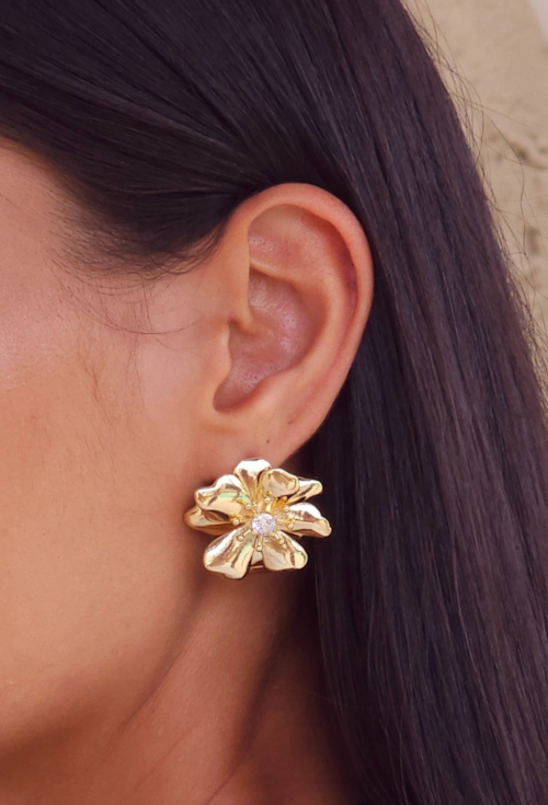 BRINCO FLORAL VOLUMOSO COM ZIRCÔNIA NO OURO BM2084-O