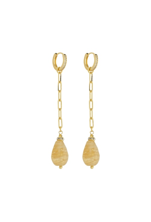 BRINCO LONGO ARGOLINHA DE GOTA COM PEDRA NATURAL RUTILO BM1983-O