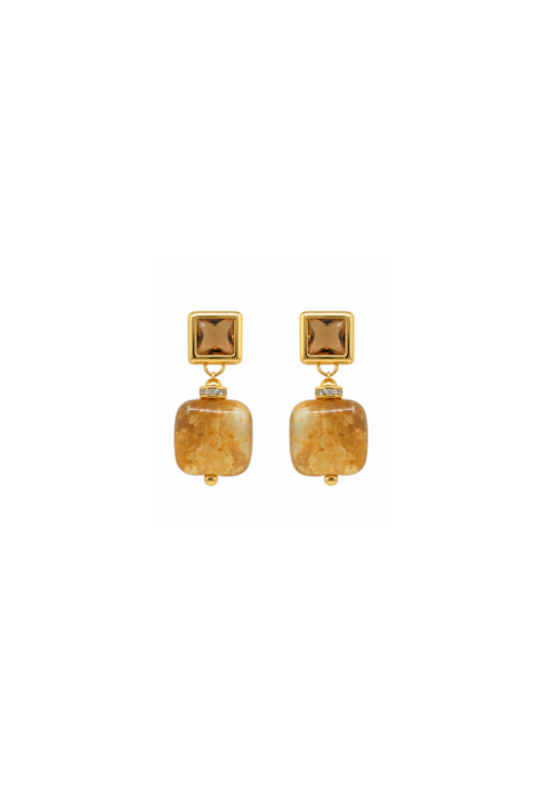 BRINCO QUADRADO COM QUARTZO RUTILADO E CRISTAL MARROM BANHADO A OURO BM2342-O