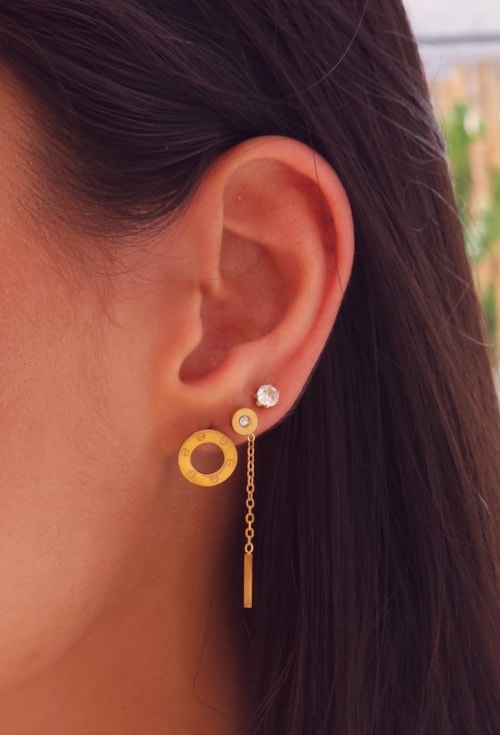 BRINCO TRIO ARO + PONTO DE LUZ + PENDENTE EM AÇO INOX DOURADO BM2158-AD