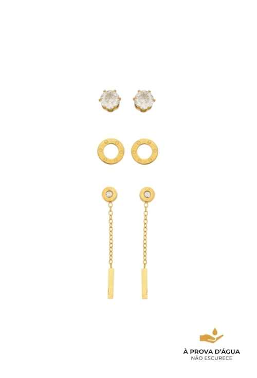 BRINCO TRIO ARO + PONTO DE LUZ + PENDENTE EM AÇO INOX DOURADO BM2158-AD
