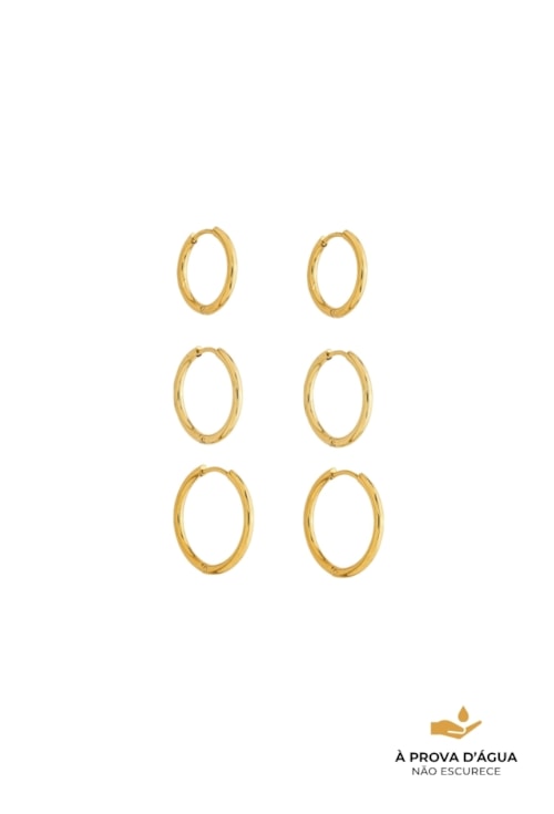 BRINCO TRIO DE ARGOLAS LISAS EM AÇO INOX DOURADO BM2150-AD