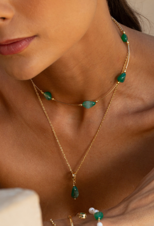 CHOKER COM PEDRAS ÁGATA VERDE BANHADA A OURO CH401-O