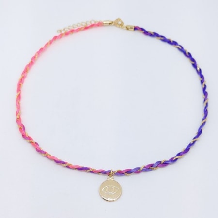 CHOKER DE CORRENTE E CETIM TRANÇADA LILÁS E PINK CH110-O CHOKER DE CORRENTE E CETIM TRANÇADA LILÁS E PINK CH110-O