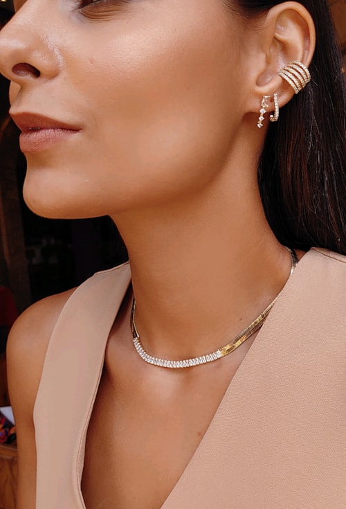 CHOKER DE MALHA COM BAGUETES CRISTAL CH146-O