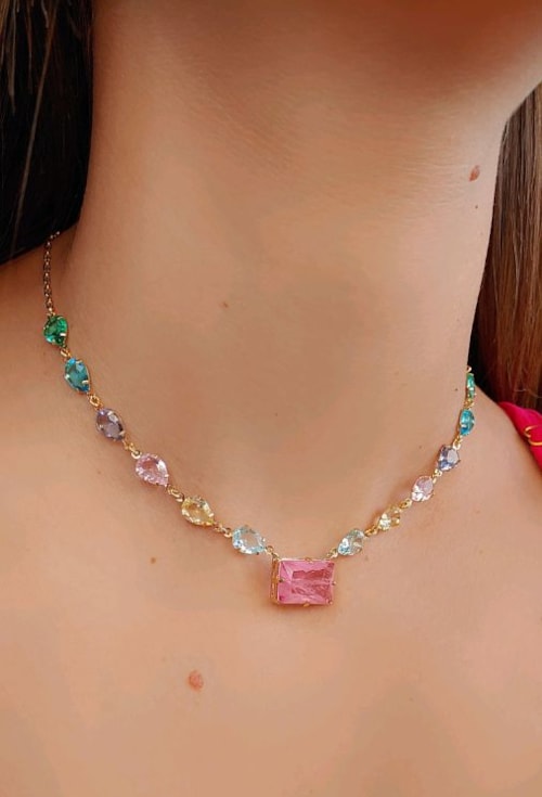 CHOKER DE PEDRA KUNZITA FUSION E CRISTAIS COLORIDOS CH218-O