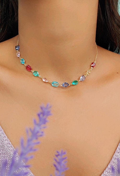 CHOKER DE PEDRAS COLORIDAS INSPIRAÇÃO CH202-O