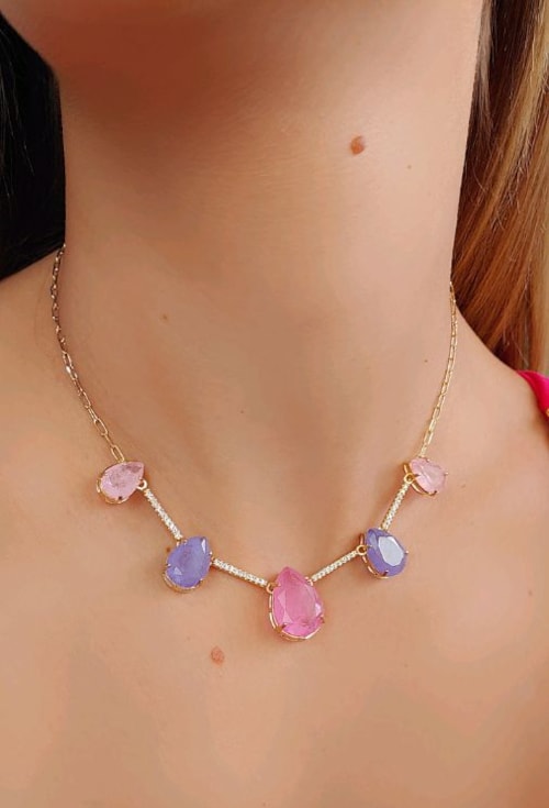 CHOKER DE PEDRAS COM GOTA FÚCSIA FUSION CH214-O