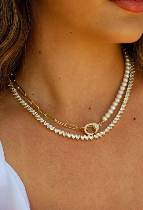 CHOKER DE PÉROLA E CORRENTE COM FECHO CRAVEJADO CH328-O